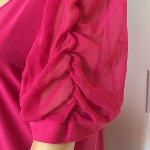 Pink blouse, puffy sleeves.